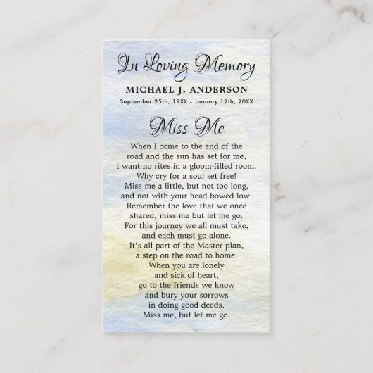 Gedenkgedicht Woodland Hirsch Beerdigungskarte Telefonnummerkarte (Rückseite)