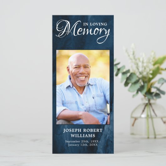 Gedenkkarte Beerdigung Lesezeichen Foto Blau Menükarte (Stehend Vorderseite)