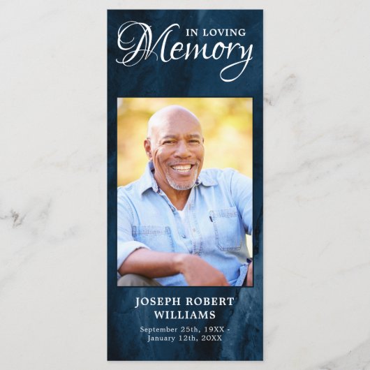 Gedenkkarte Beerdigung Lesezeichen Foto Blau Menükarte (Vorderseite)