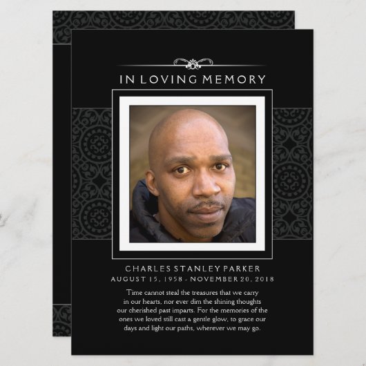 Gedenkkarte - Elegantes Schwarz - Gedicht des Lebe Ankündigung (Vorne/Hinten)