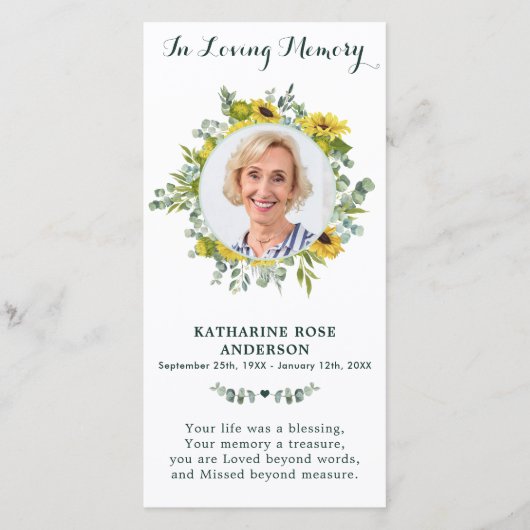 Gedenkkarte Eukalyptus Sonnenblume (Vorderseite)