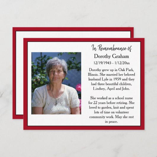 Gedenkkarte für Beerdigung oder Gedenkstätte Postkarte (Vorne/Hinten)