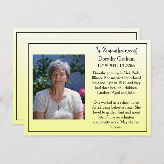 Gedenkkarte für Beerdigung oder Gedenkstätte Postkarte (Vorne/Hinten)