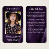 Gedenkkarte für das lila Beileid Beerdigung Foto (Vorne & Hinten)