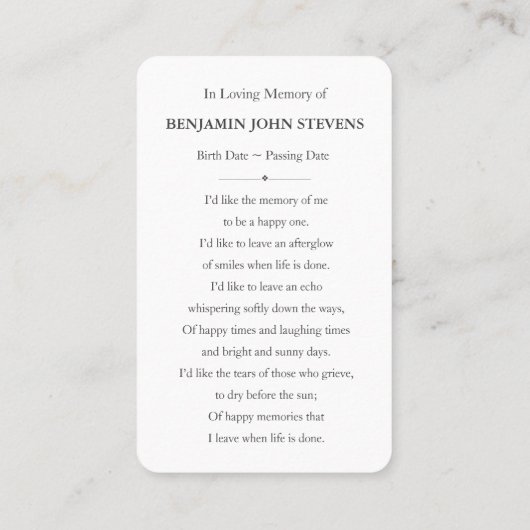 Gedenkkarte für das personalisierte Foto Beileid Visitenkarte (Rückseite)