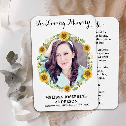 Gedenkkarte für Sonnenblumen Foto Beerdigungskarte