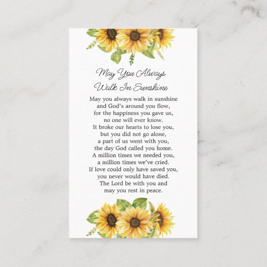 Gedenkkarte für Sonnenblumen Foto Beerdigungskarte Visitenkarte (Rückseite)