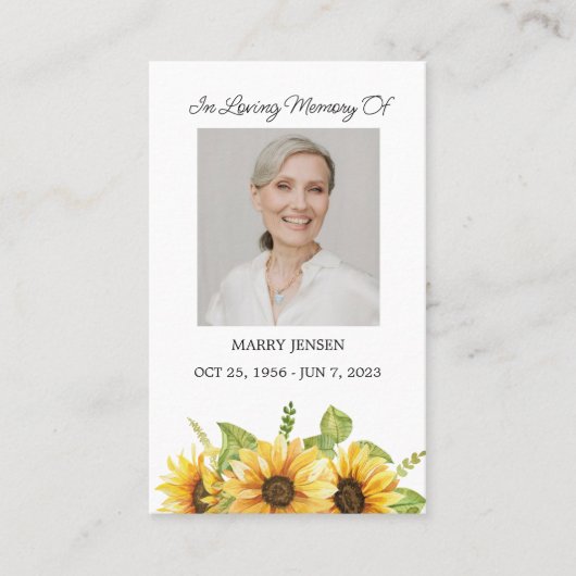 Gedenkkarte für Sonnenblumen Foto Beerdigungskarte Visitenkarte (Vorderseite)