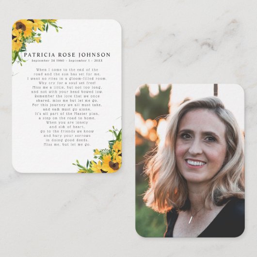 Gedenkkarte Sonnenblumen Foto Beileid Beerdigung Visitenkarte (Vorne/Hinten)