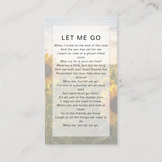 Gedenkkarte | Sonnenblumen Telefonnummerkarte (Rückseite)