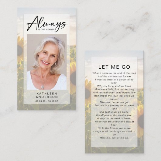 Gedenkkarte | Sonnenblumen Telefonnummerkarte (Vorne/Hinten)