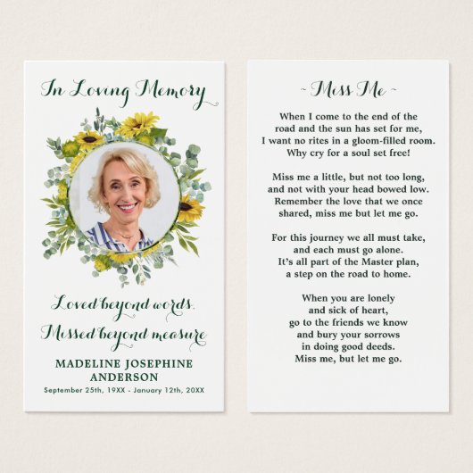 Gedenkkarte Sonnenblumenbeerdigung mit Foto (Vorne & Hinten)