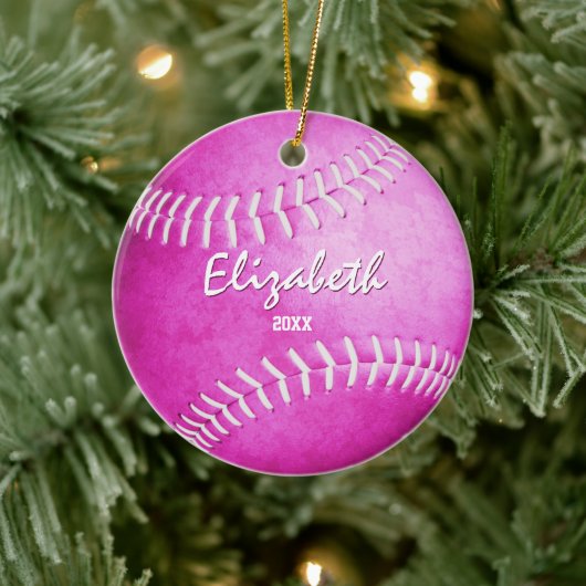 Gedenkmädchen spielen heiß rosa Softball Keramik Ornament (Baum)