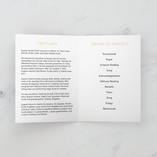 Gedenkprogramm zur Beerdigung von Schwarz und Gold Karte (Innenseite)