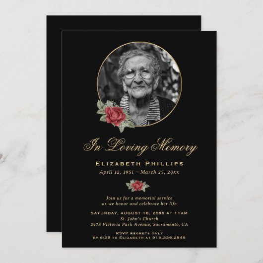 Gedenkservice für Schwarzes Rotes Foto Einladung (Vorne/Hinten)