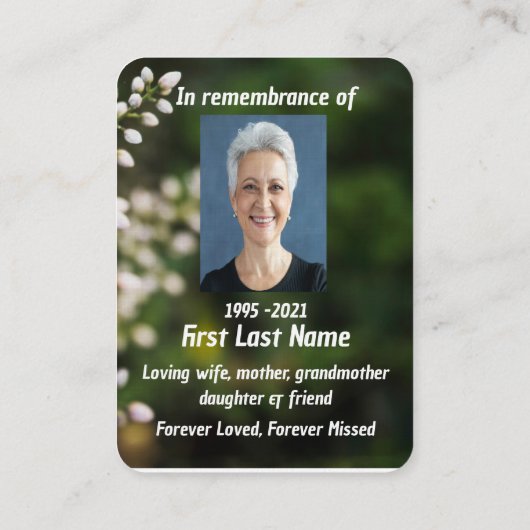 Gedenkstätte Foto Gebet Weißer Blumengarten Visitenkarte (Rückseite)