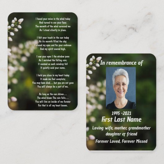 Gedenkstätte Foto Gebet Weißer Blumengarten Visitenkarte (Vorne/Hinten)