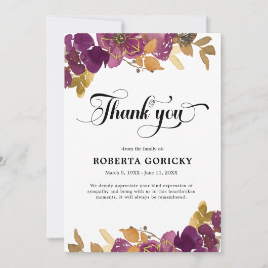 Gedenkstätte zur Beerdigung lila Pflaumen Dankeskarte (Vorderseite)