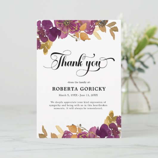 Gedenkstätte zur Beerdigung lila Pflaumen Dankeskarte (Stehend Vorderseite)