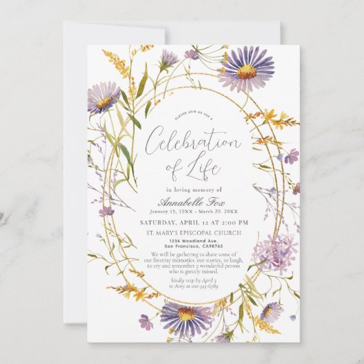 Gedenkstätte zur Beerdigung lila Wildblumen Einladung (Vorderseite)