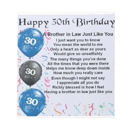 Gedicht "Bruder im Gesetz" 30. Geburtstag Notizblock (Vorderseite)