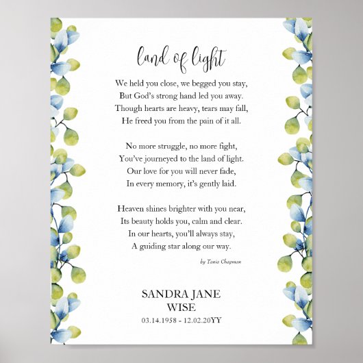 Gedicht "Land of Light Funeral Memorial Poster" Poster (Vorne)
