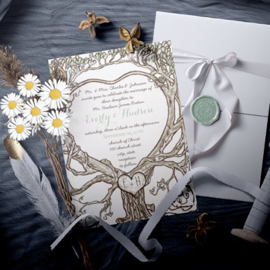 Gedruckt auf beiden Seiten Green Boho Herz geformt Einladung