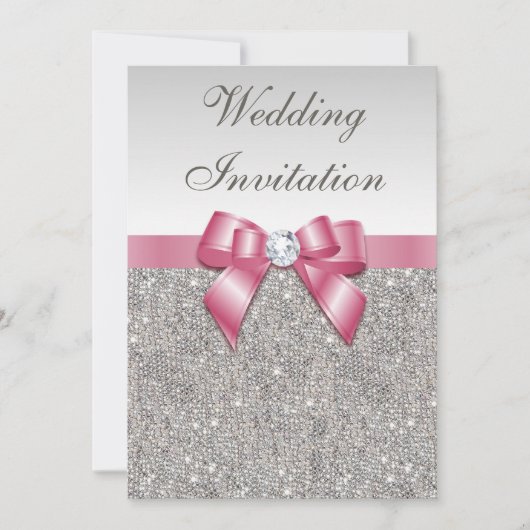 Gedruckte Silberreihen und Bow Pink Hochzeit Einladung (Vorderseite)