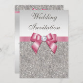 Gedruckte Silberreihen und Bow Pink Hochzeit Einladung (Vorne/Hinten)