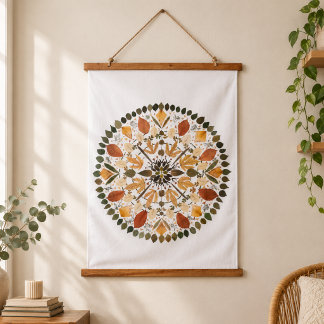 Gedrücktes Blumenmandala l Herbstliche botanische Wandteppich Mit Holzrahmen