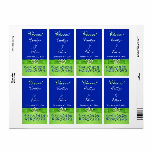 GEDRUCKTES RIBBON Blue, Green Wedding Wine Label (Vorne)