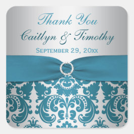 GEDRUCKTES RIBBON-Silber, Aquamarin Damask-Hochzei Quadratischer Aufkleber