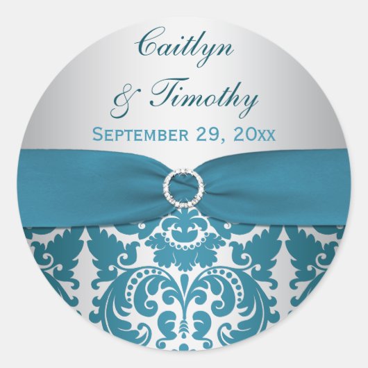 GEDRUCKTES RIBBON-Silber, Aquamarin Damask-Hochzei Runder Aufkleber (Vorderseite)