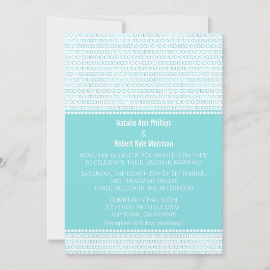 Geek Chic Binary Code Wedding Invitation, Aqua Einladung (Vorderseite)