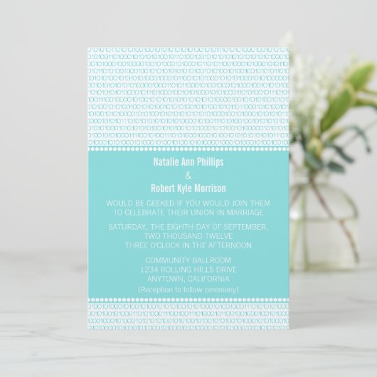 Geek Chic Binary Code Wedding Invitation, Aqua Einladung (Stehend Vorderseite)