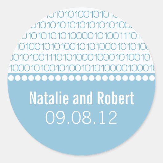 Geek Chic Binary Code Wedding Stickers, Blue Runder Aufkleber (Vorderseite)