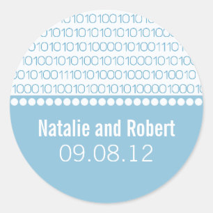 Geek Chic Binary Code Wedding Stickers, Blue Runder Aufkleber