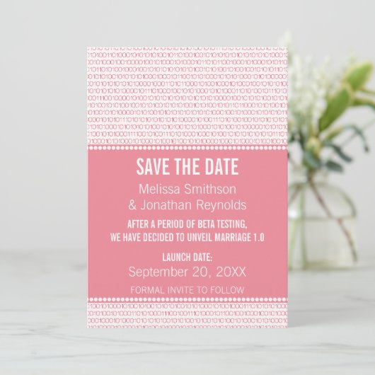 Geek Chic Binary Save the Date einladen, Pink (Stehend Vorderseite)