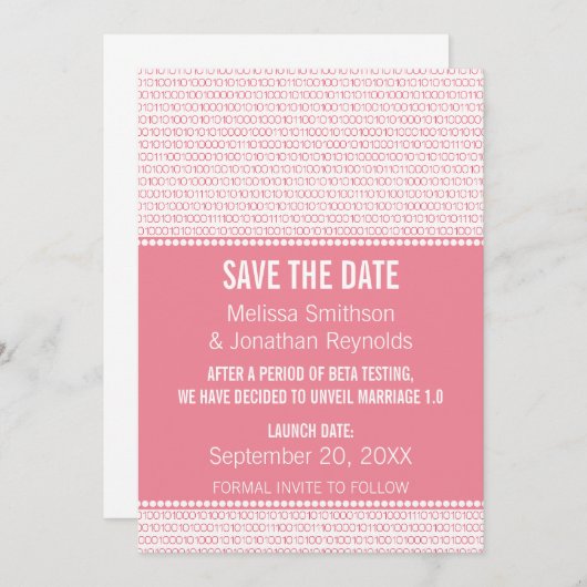 Geek Chic Binary Save the Date einladen, Pink (Vorne/Hinten)