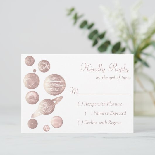 Geek Chic | Minimale Kupfer-Rose-Gold-Planeten RSVP Karte (Stehend Vorderseite)