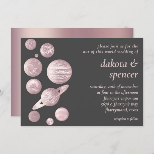 Geek Chic Wedding | Mauve Pink Grey Solar System Einladung (Vorne/Hinten)