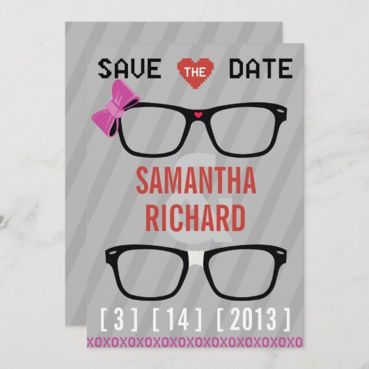 Geek Glasses & Hearts Wedding Save the Date (Vorne/Hinten)