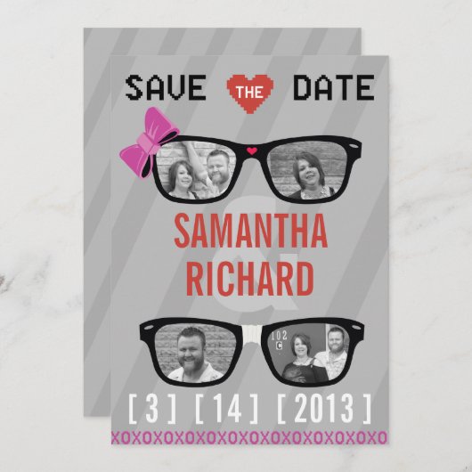 Geek Glasses & Hearts Wedding Save the Date (Vorne/Hinten)