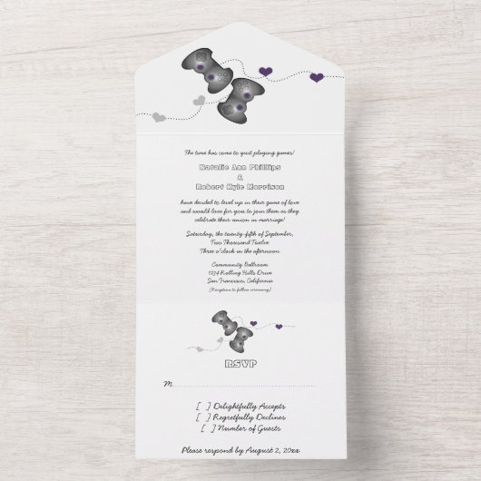 Geeky Gamers All in One Wedite Einladung | LILA (Innen Boden)