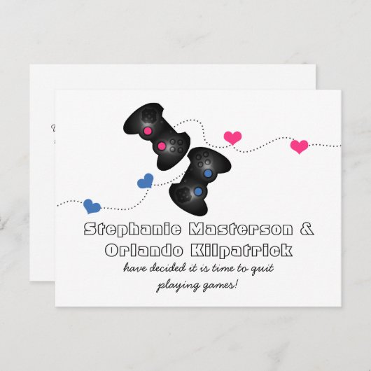Geeky Gamers Save the Date Postcard Dark Blue Pink Ankündigungspostkarte (Vorne/Hinten)
