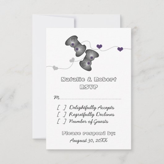 Geeky Gamers Wedding Response Card (Silber/Lila) RSVP Karte (Vorderseite)