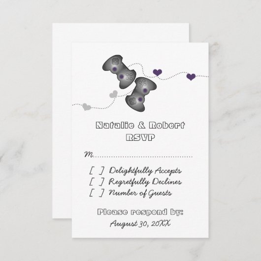 Geeky Gamers Wedding Response Card (Silber/Lila) RSVP Karte (Vorne/Hinten)