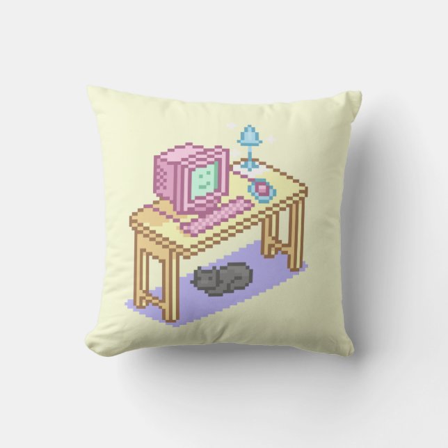 Geeky Pastel Pink Yellow Pixel Art Computer Kissen (Vorderseite)