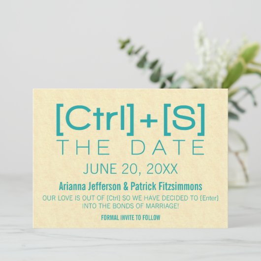 Geeky Typografie Save the Date, Aquamarin Save The Date (Stehend Vorderseite)