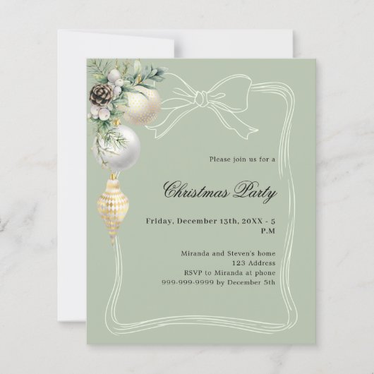 Geen gold baubles bow Christmas Party invitation (Vorderseite)